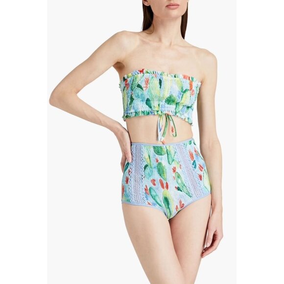 Charo Ruiz Strapless Shirred Printed Cotton Voile Top in Sky Blue - Picture 2 of 5